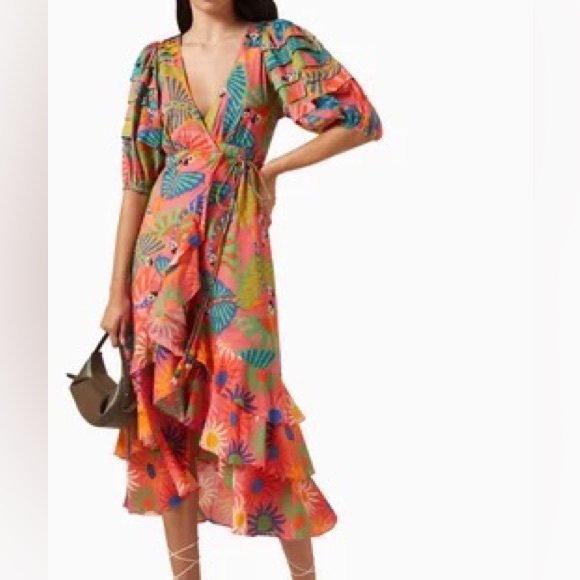 FARM RIO Macaws-print Puff-sleeve Midi Dress - Picture 3 of 7
